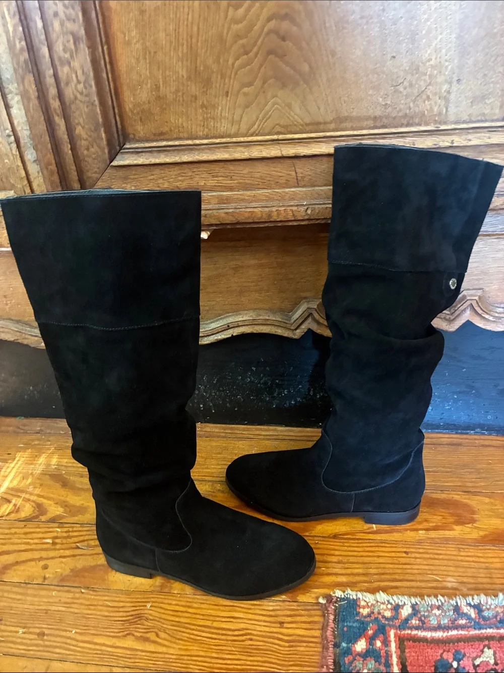 Steve Madden Balen black suede knee-high boots, featuring a relaxed slouch shaft